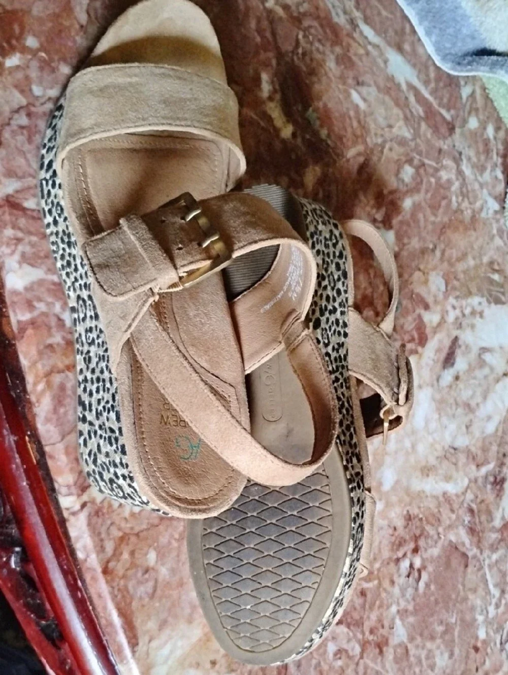 Andrew Geller Beige Suede Platform Sandals with Leopard Wedge